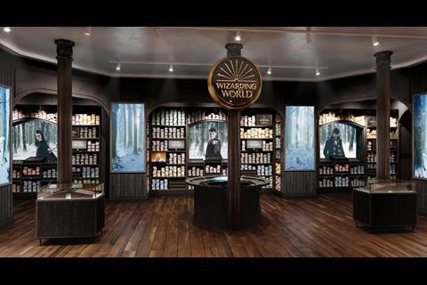 Interior of Harry Potter Store in New York showing products and a sign saying 'Wizarding World'